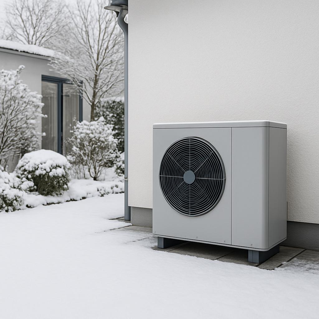 Wärmepumpe vor Haus im Schnee