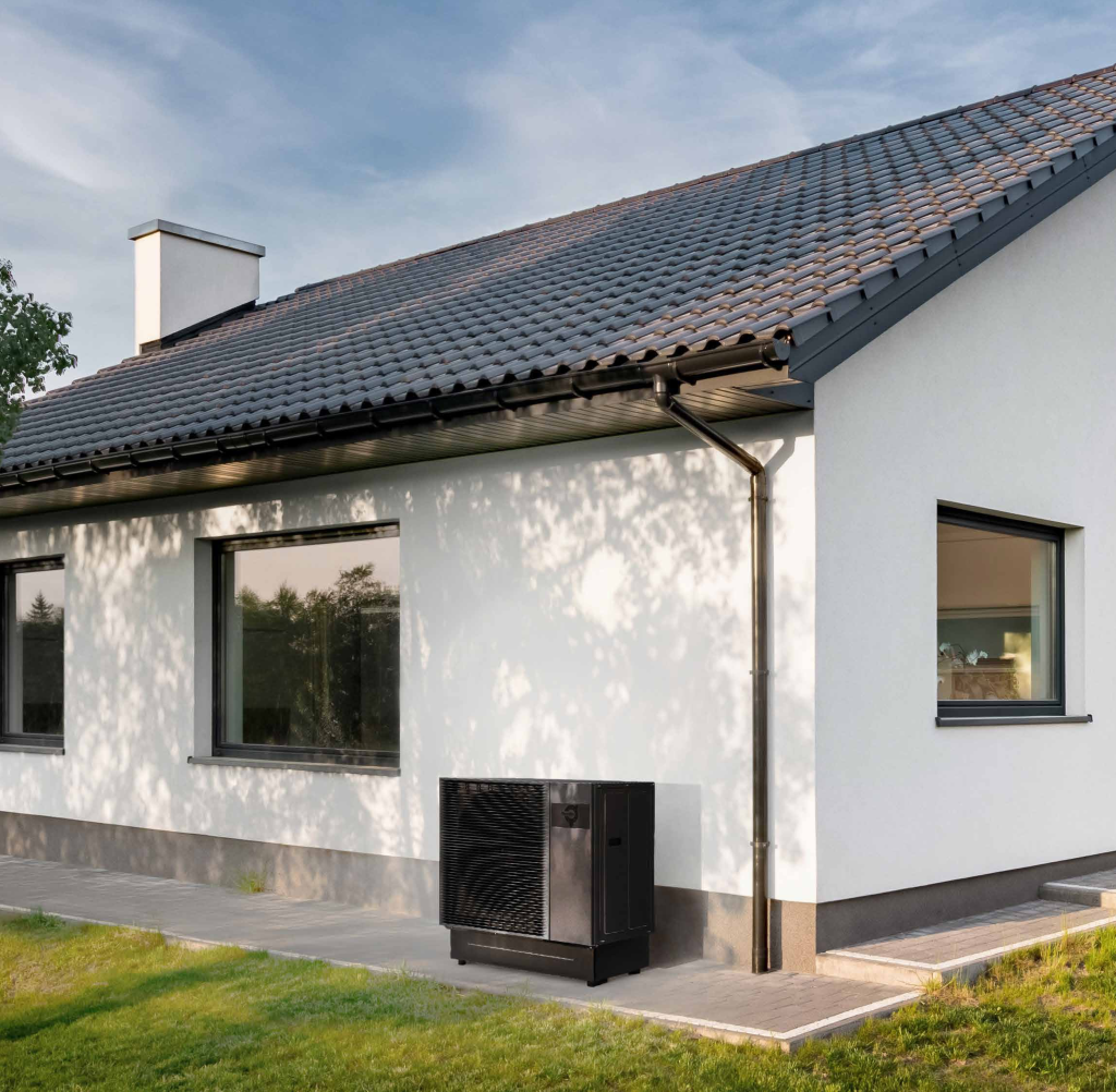 Wärmepumpe vor Haus im Frühling